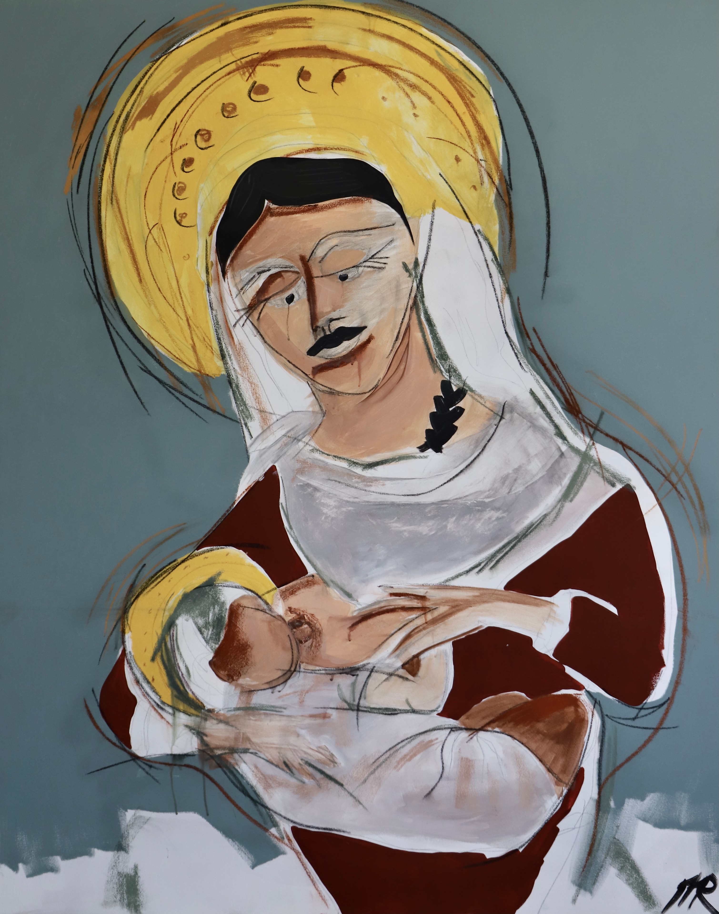 Mother Mary, Acrylic, pastel chalk, pencil on canvas, 2022
