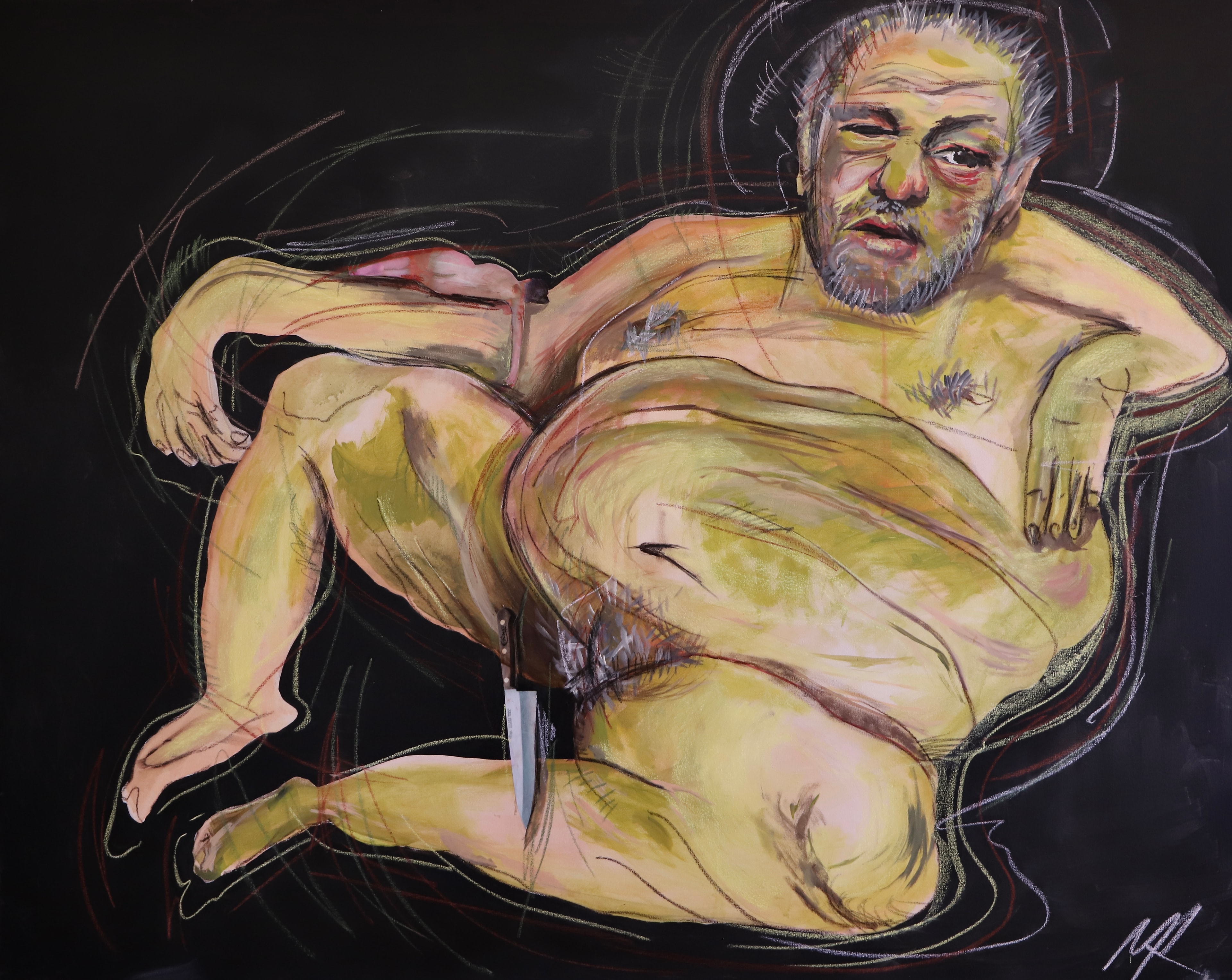 Harvey the Hutt, Acrylic, pastel chalk, pencil, ink on canvas, 2022