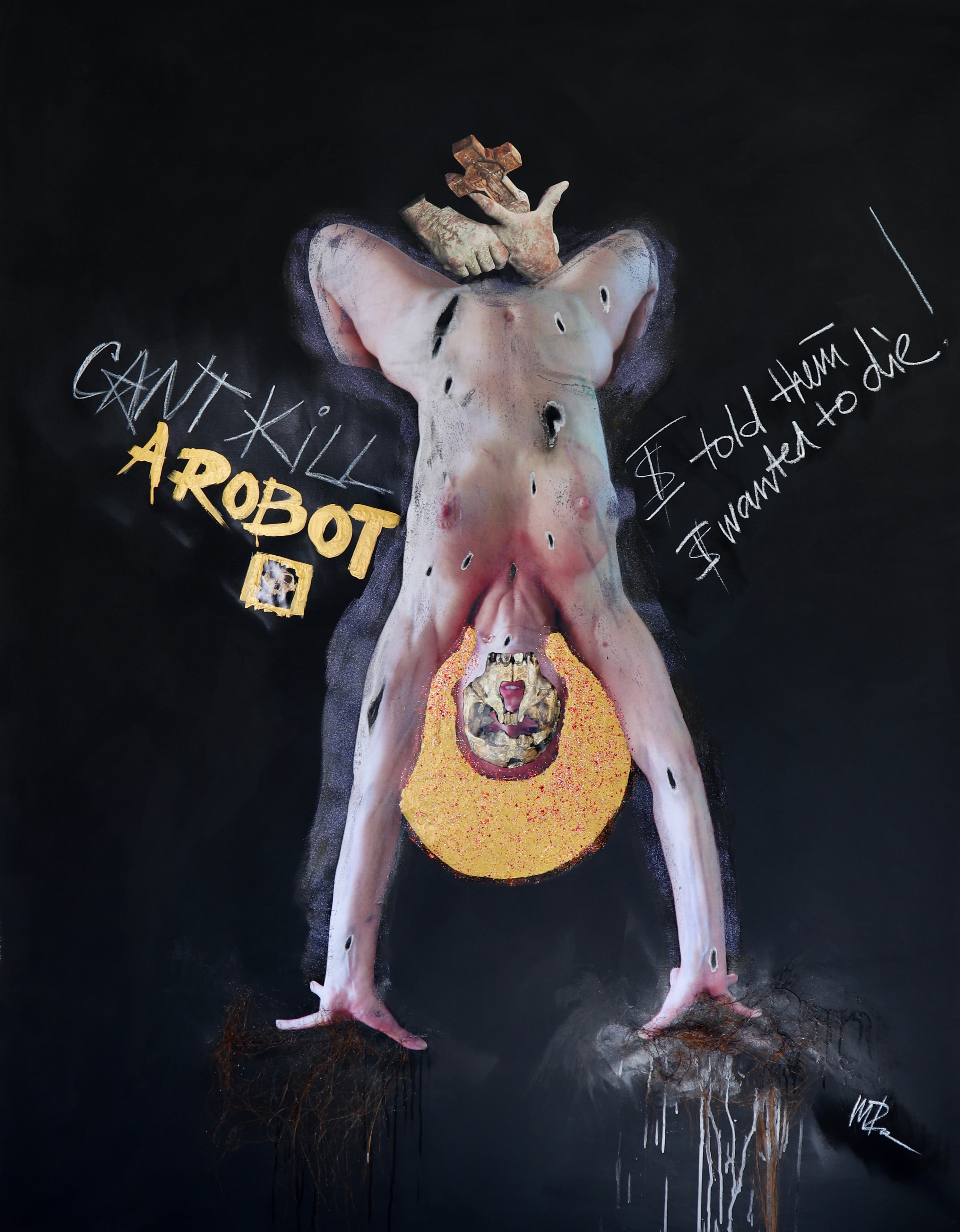 Can't Kill a Robot, Acrylic, gold leaf, paper, hair, chalk on canvas, 2023