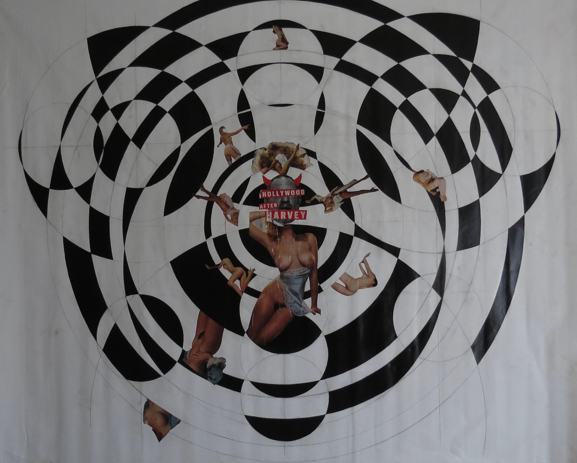 Hollywood Against Harvey, Acrylic, pencil, paper, ink on canvas, 2023