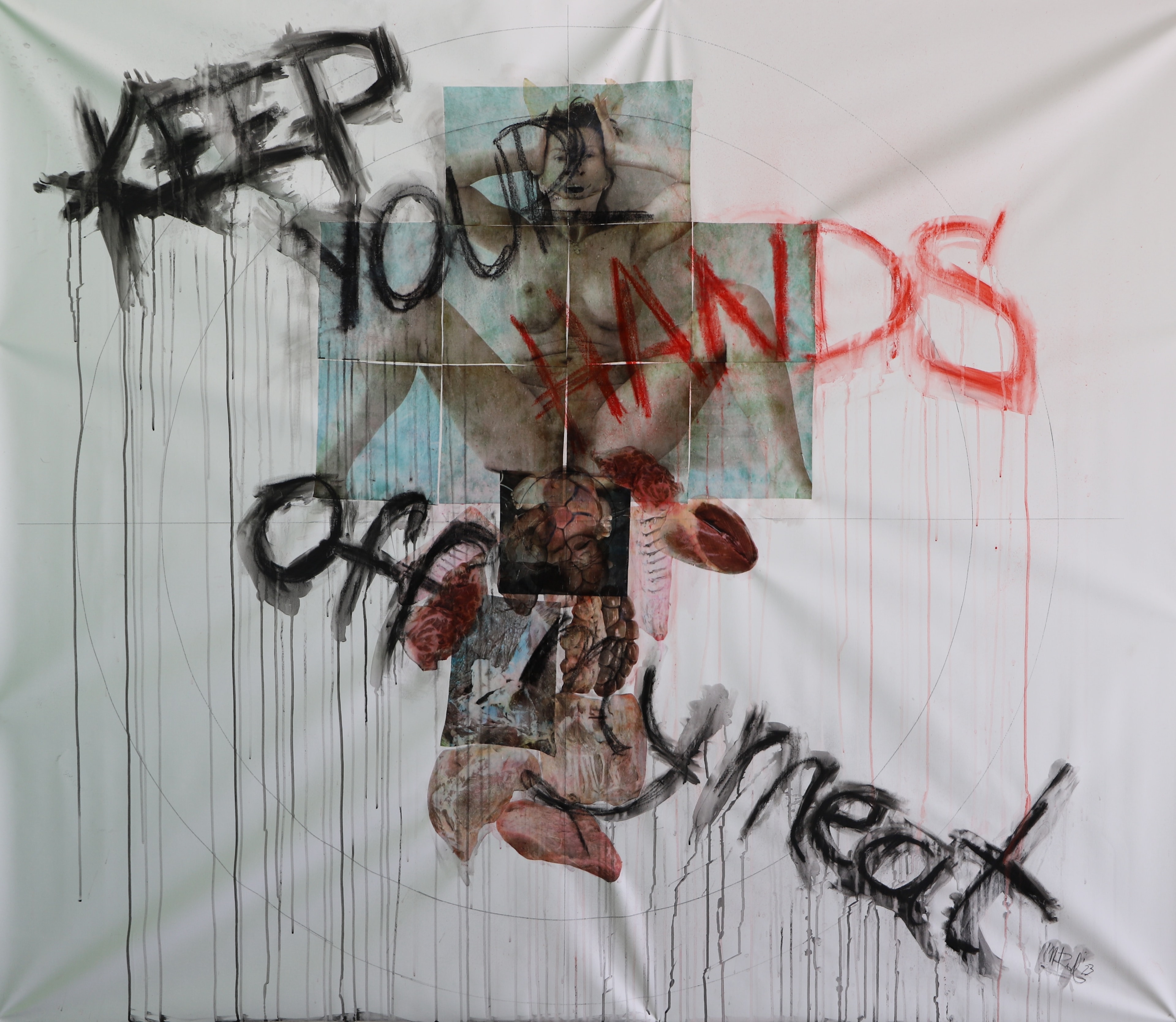 Keep Ur Hands Off My Meat, Acrylic, chalk, pencil, ink on canvas, 2023