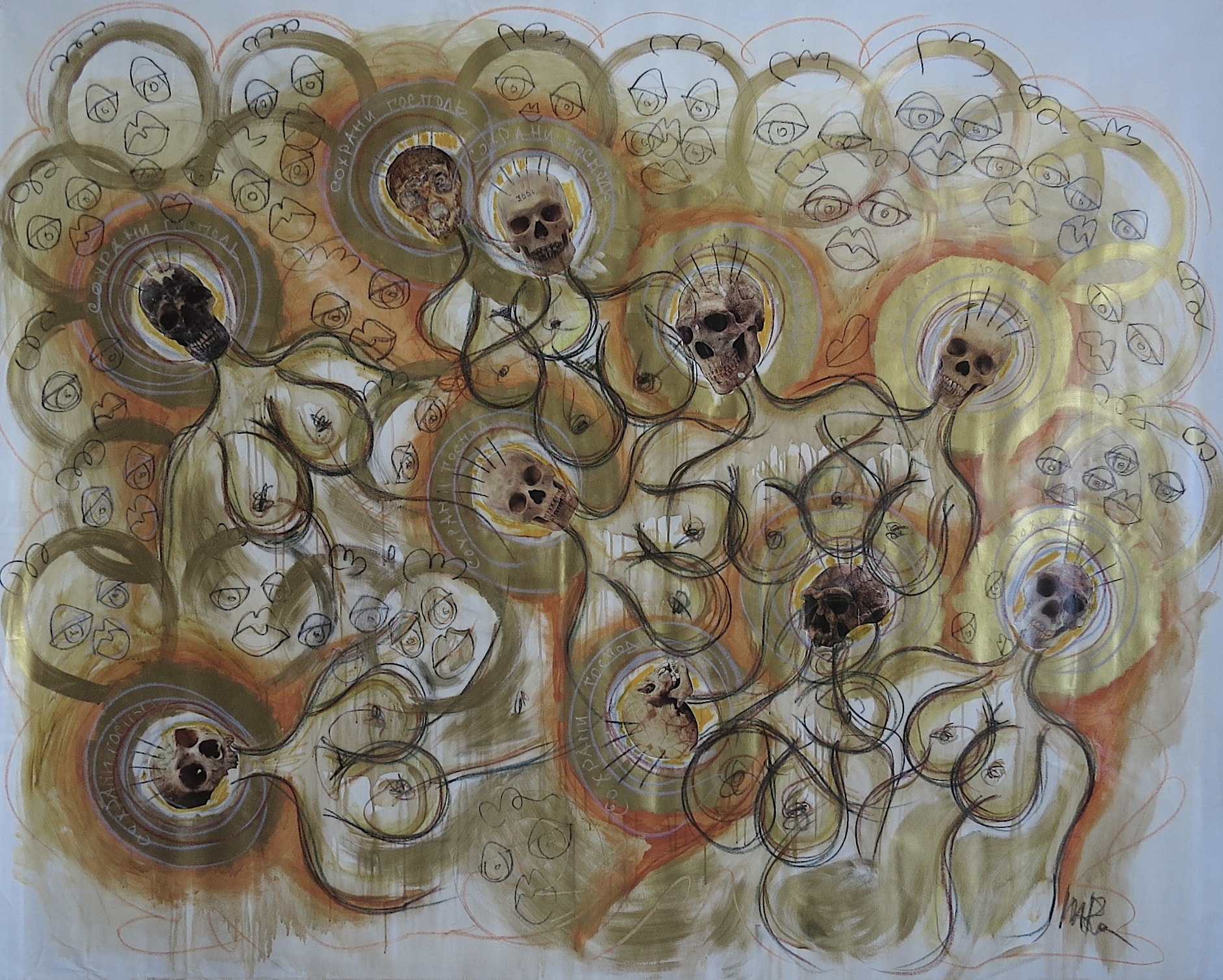 Orgy of Death, Acrylic, pencil, paper, ink on canvas, 2023