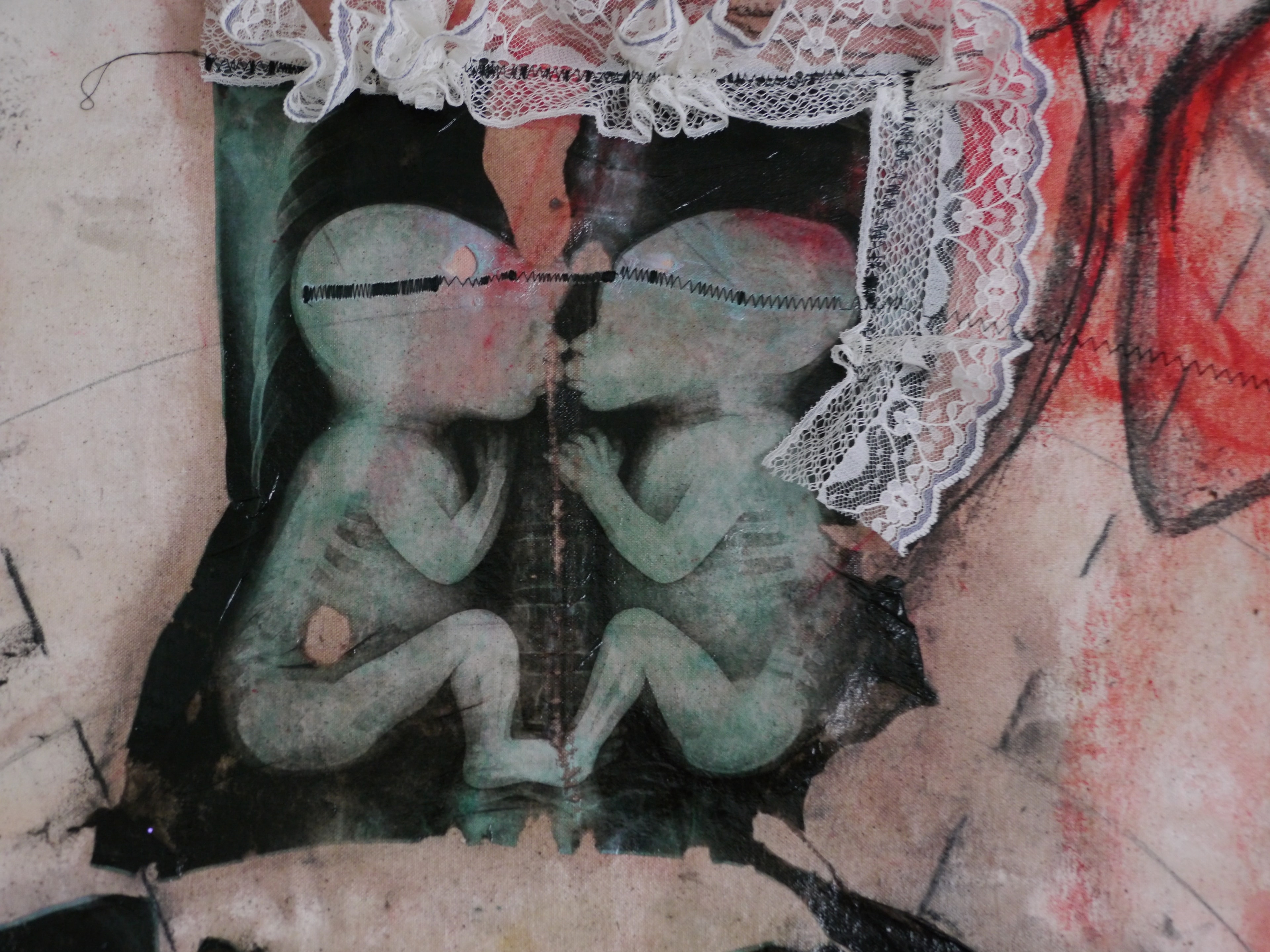 Babies Smoking in Utero, Acrylics, chalk, ink, fabric, tape on canvas, 2025