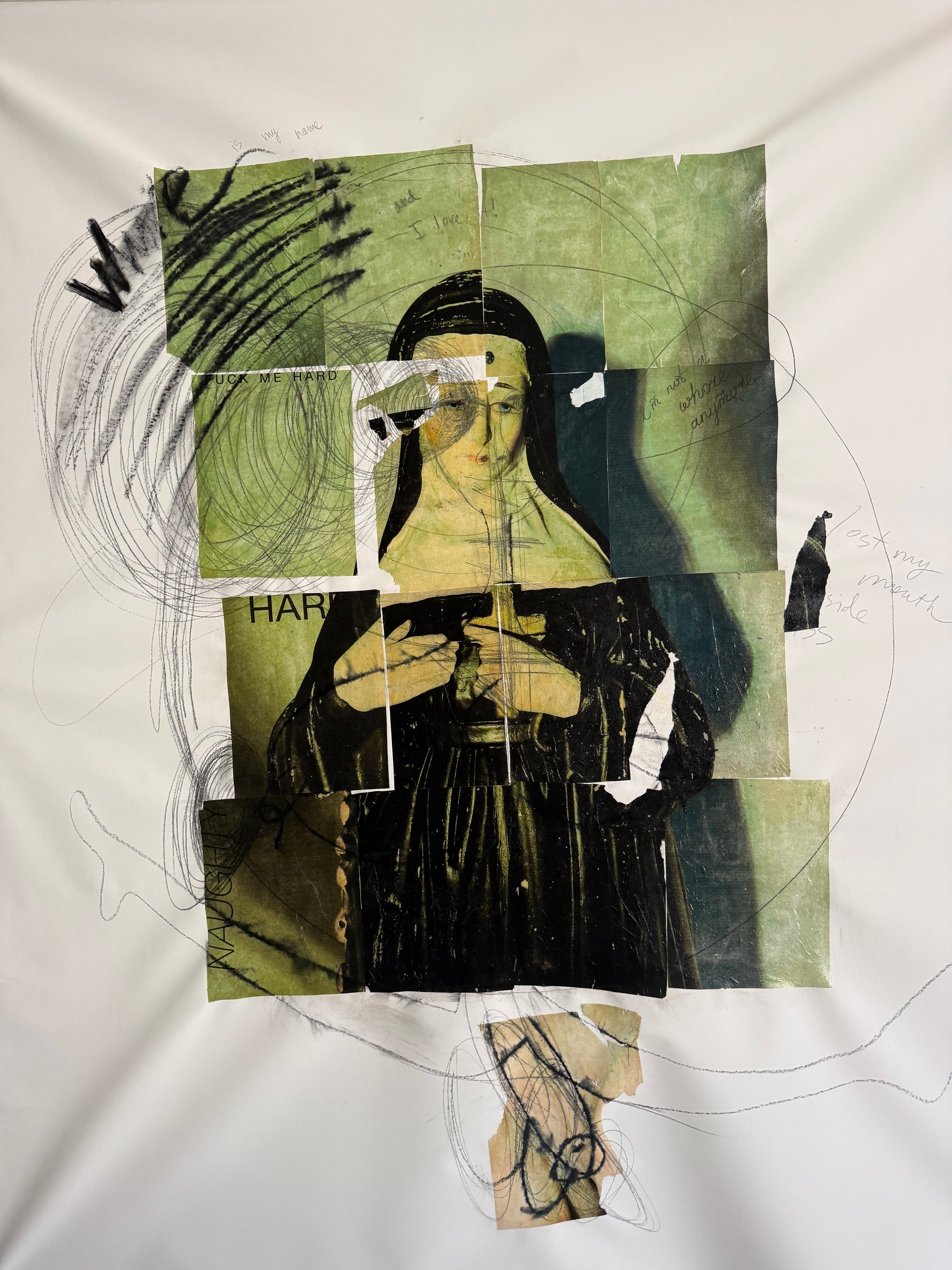 Naughty Nun, Acrylic, chalk, ink, pencil on canvas, 2026