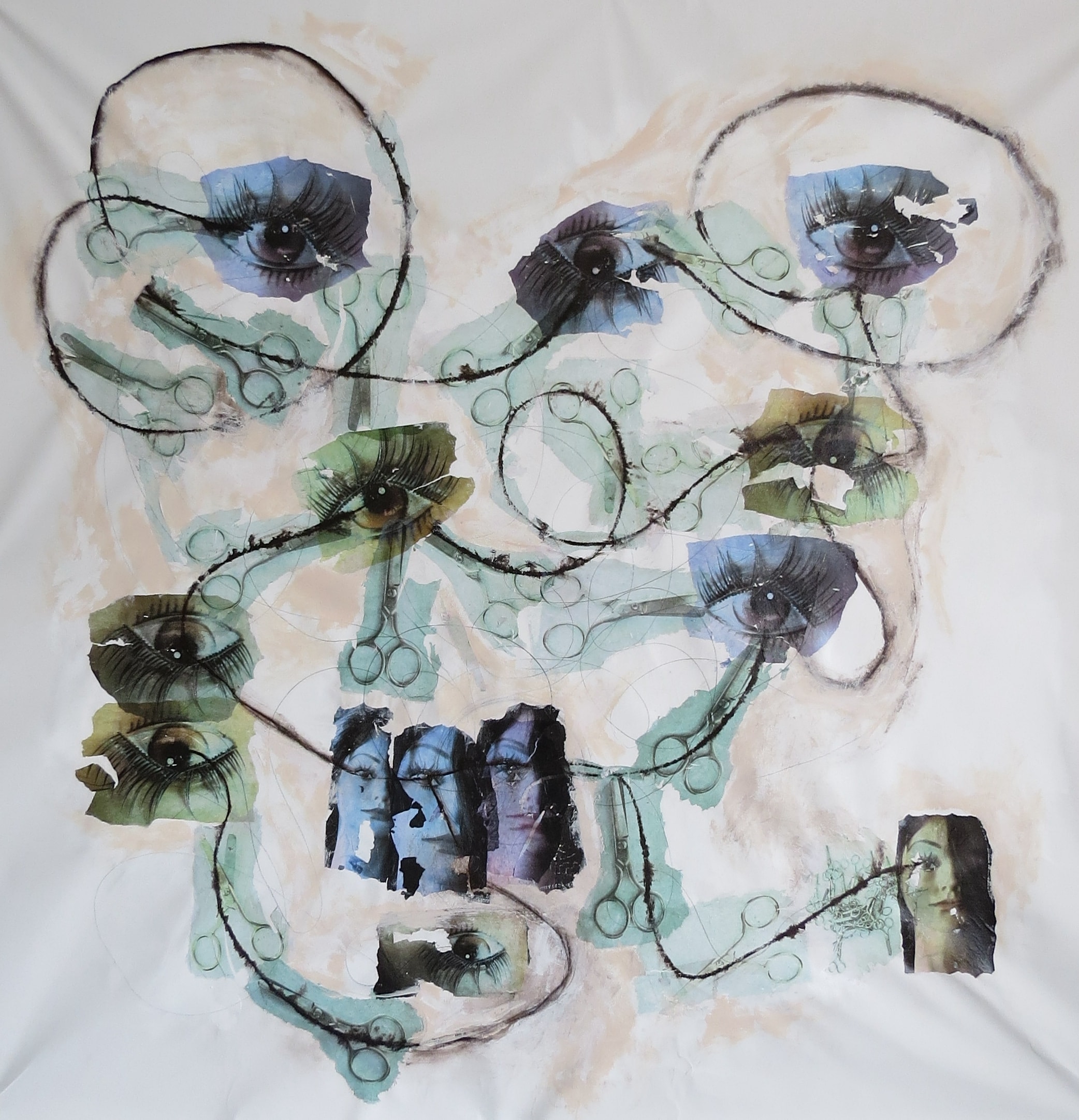 Scissors Don't Cut Me, Acrylic, chalk, mixed media on canvas, 2026