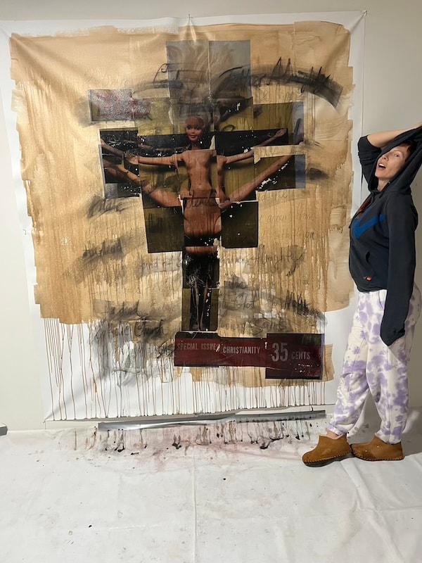 Marina Orlova with mixed media religious crucifixion art installation